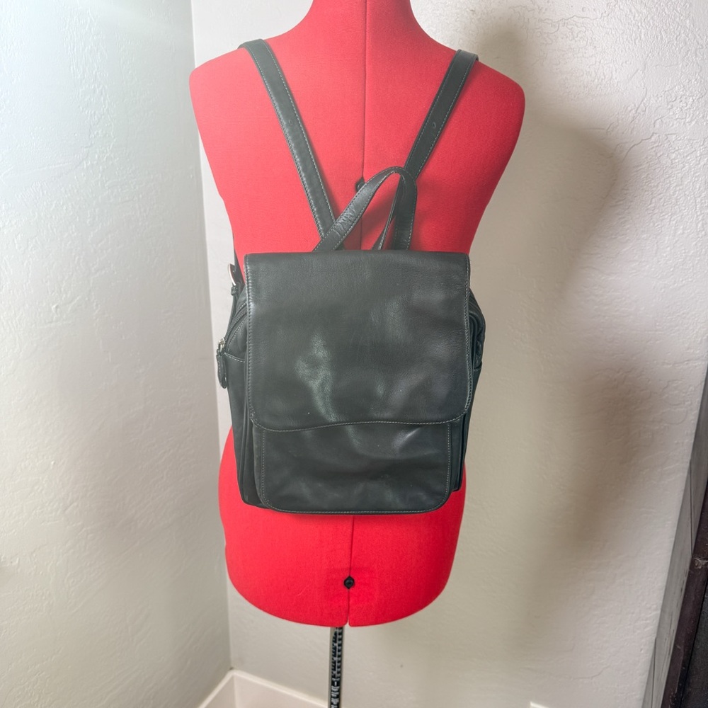 Tignanello Black Leather Backpack Multiple Pockets Top Handle Adjustable Straps